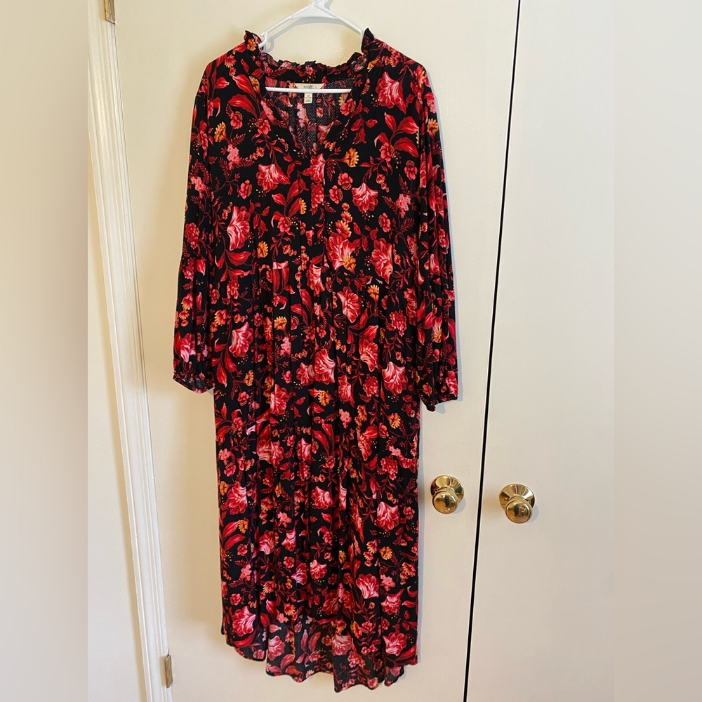 Terra Sky Dress Red Black Floral Long Sleeve Midi Dress 1X